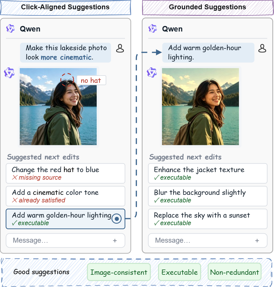 A multi-turn Qwen image-editing conversation comparing click-aligned and visually grounded follow-up suggestions.
